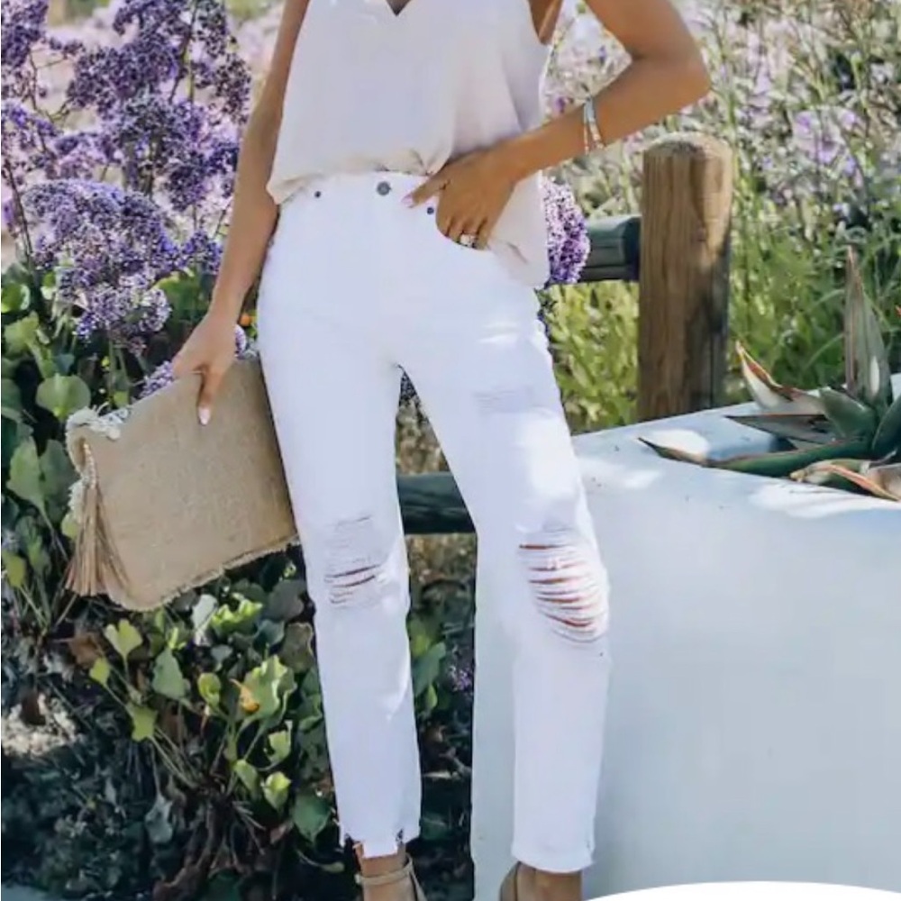 NEW VICI KANCAN BRENNA HIGH WAIST DISTRESSED WHITE STRAIGHT DENIM JEANS SZ 5/ 26